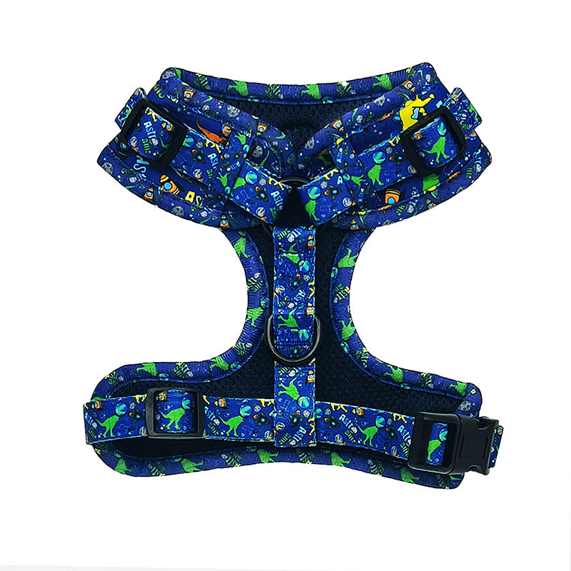 back of dog harness with colourful dinosaurs