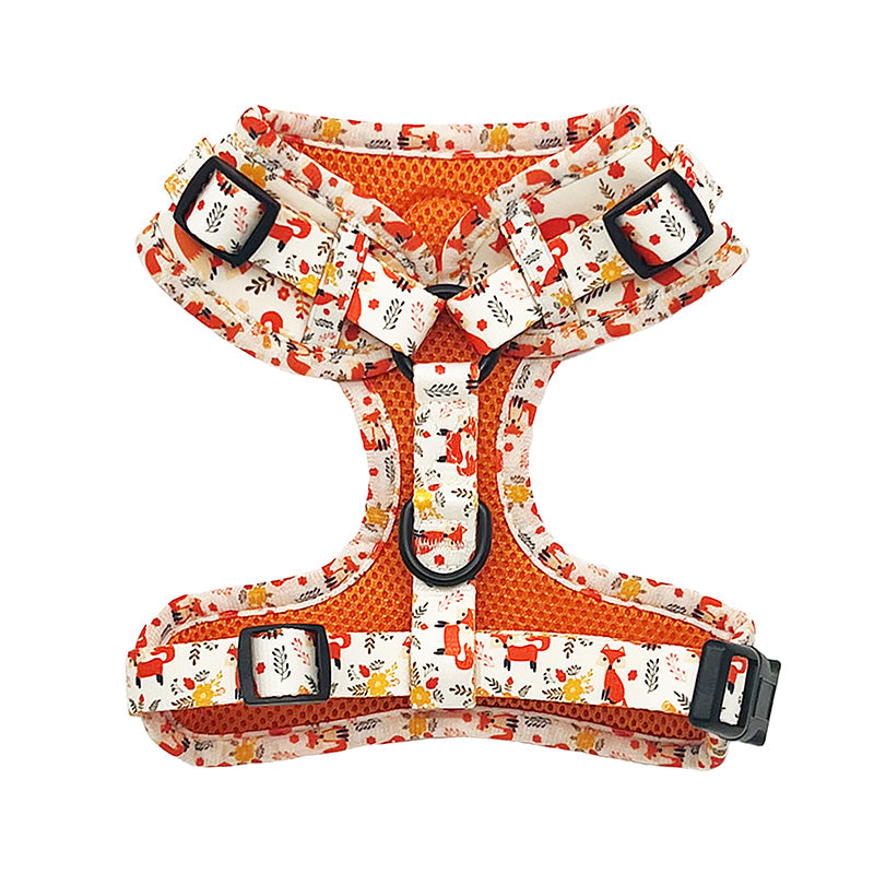 back of dog harness with orange foxes