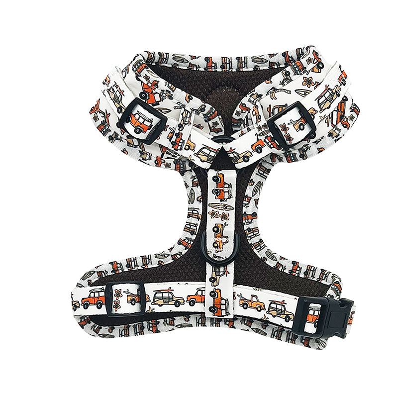 back of dog harness with vans and surfboards