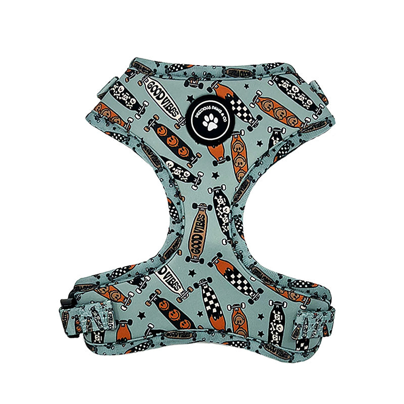 blue dog harness with skateboards