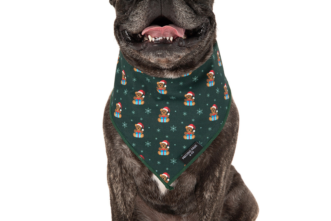 dog wearing dog bandana with teddy bears in santa hats