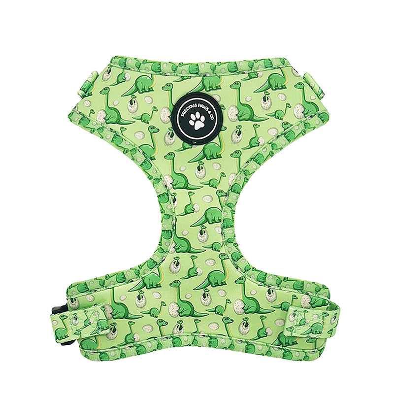 dog harness with green dinosaurs