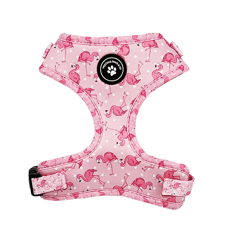 dog harness with pink flamingos